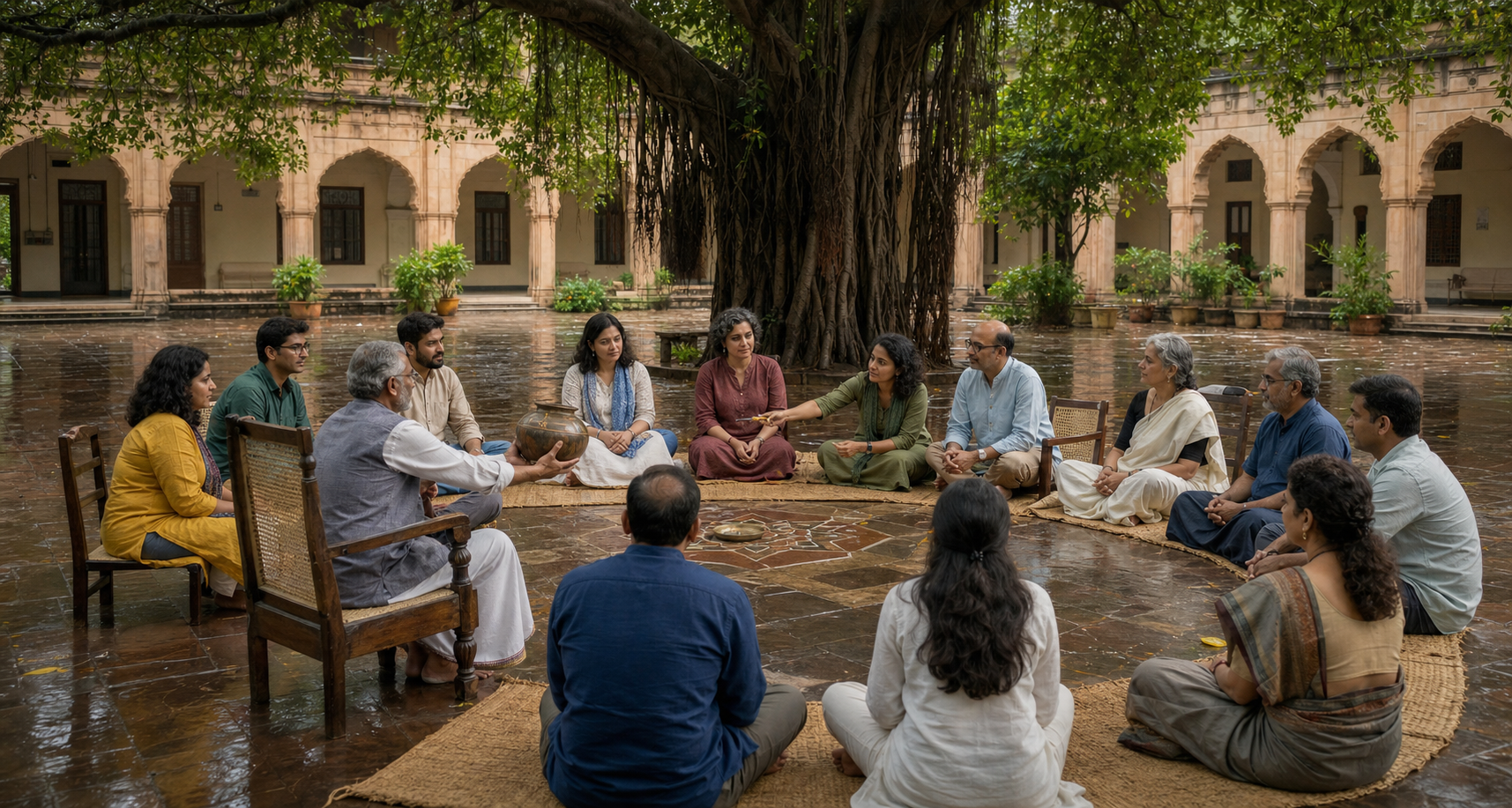 Students, scholars and administrators rebuild an open discussion circle around a repaired clay vessel in a rain-washed campus courtyard.