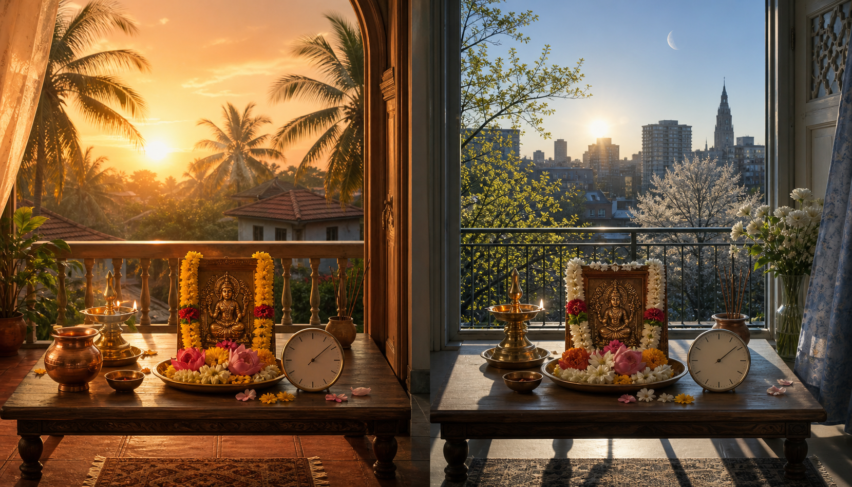Two similar Hindu home altars in India and a northern diaspora city, each lit by a different local sunrise and shadow angle.