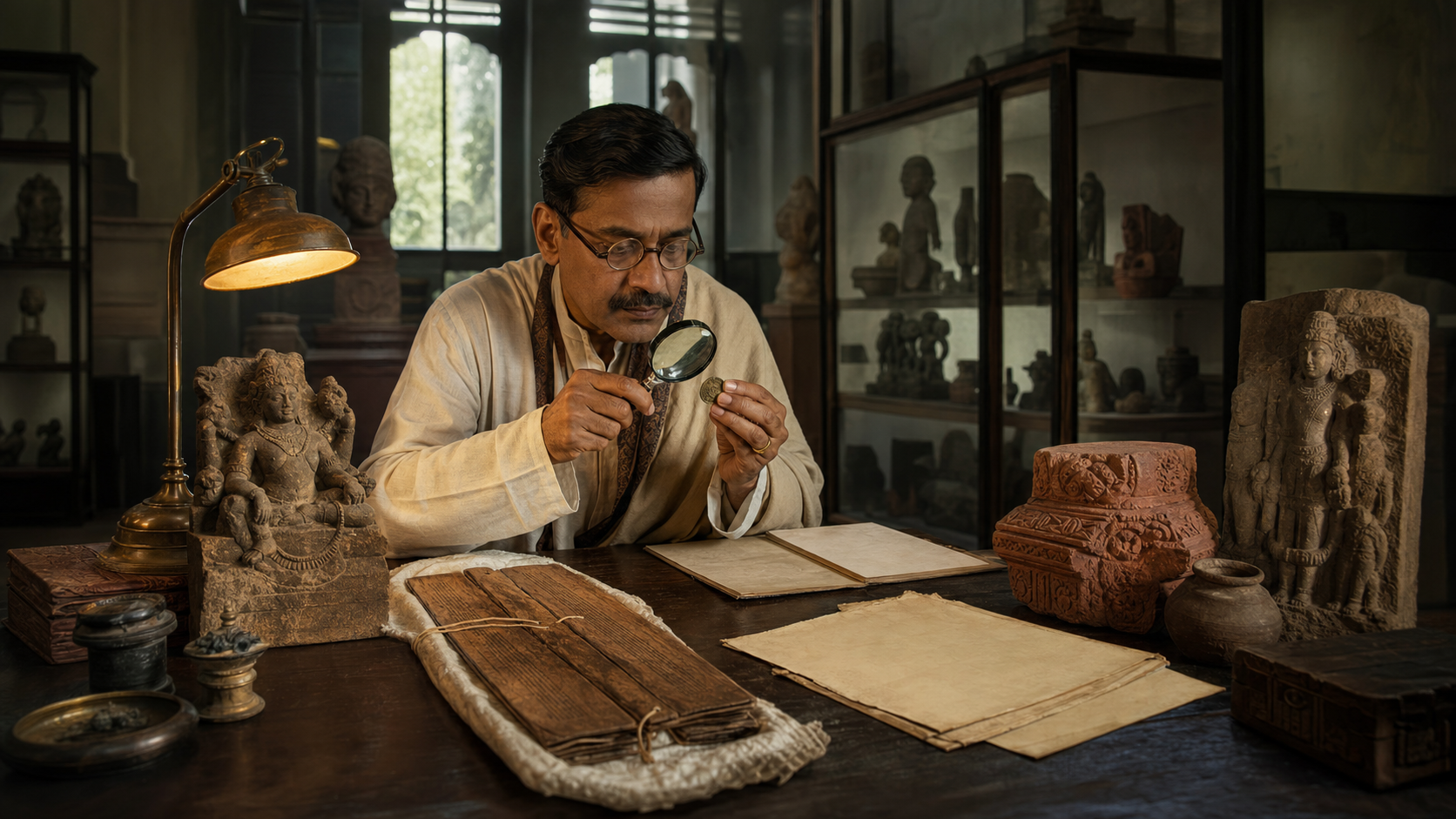 An illustrated early twentieth-century Bengali scholar examines an ancient coin at a museum table surrounded by a manuscript, stone sculpture, terracotta fragment, and archival materials.