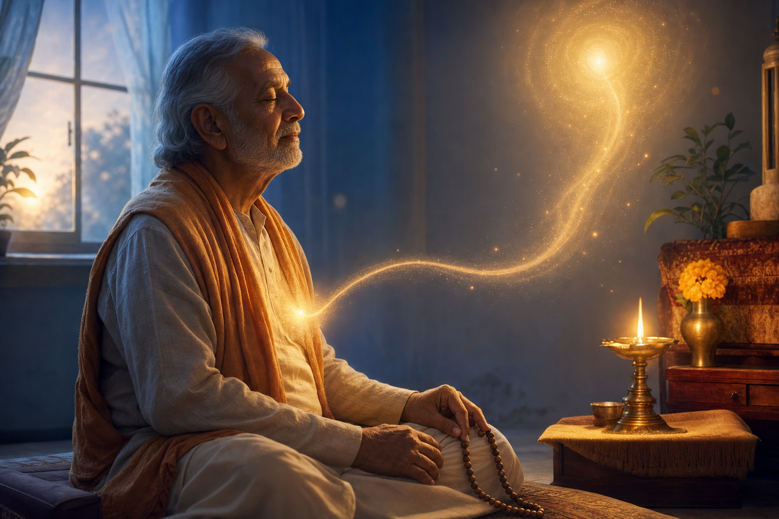 An older devotee meditates beside an oil lamp and wooden prayer beads as warm light rises toward an abstract radiance.