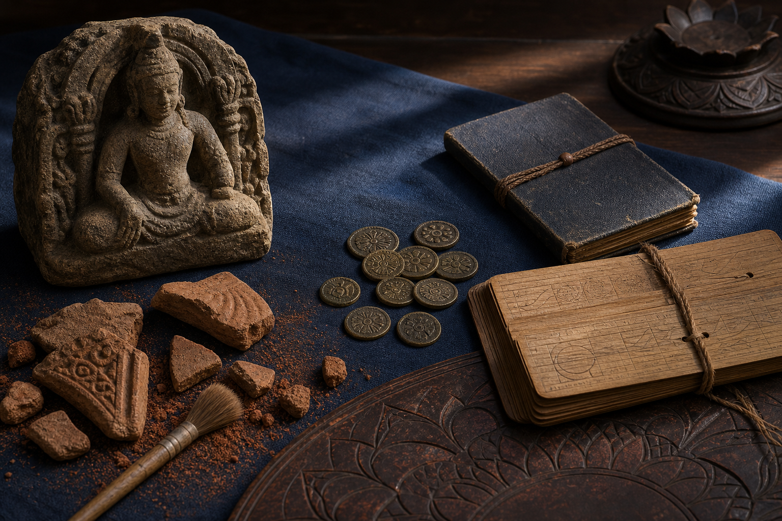 A stone sculpture, terracotta fragments, excavation brush, old coins, palm-leaf manuscript, and scholar's notebook are arranged together on an indigo-covered table.