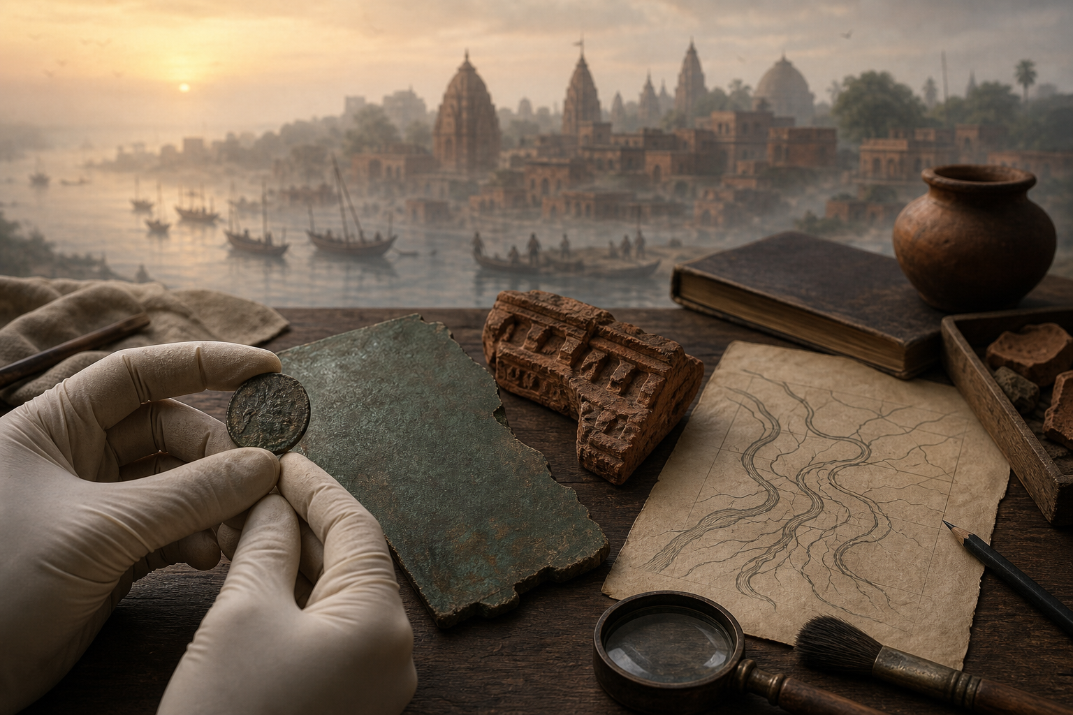 Gloved hands compare a medieval coin, copperplate fragment, terracotta piece, and unlabeled river sketch while a misty historic Bengal river settlement appears in the background.