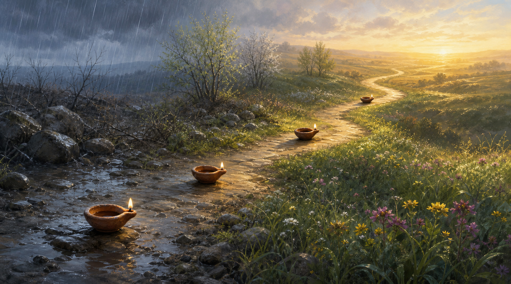 A winding path passes through changing seasons, with a clay oil lamp burning steadily at several points along the way.