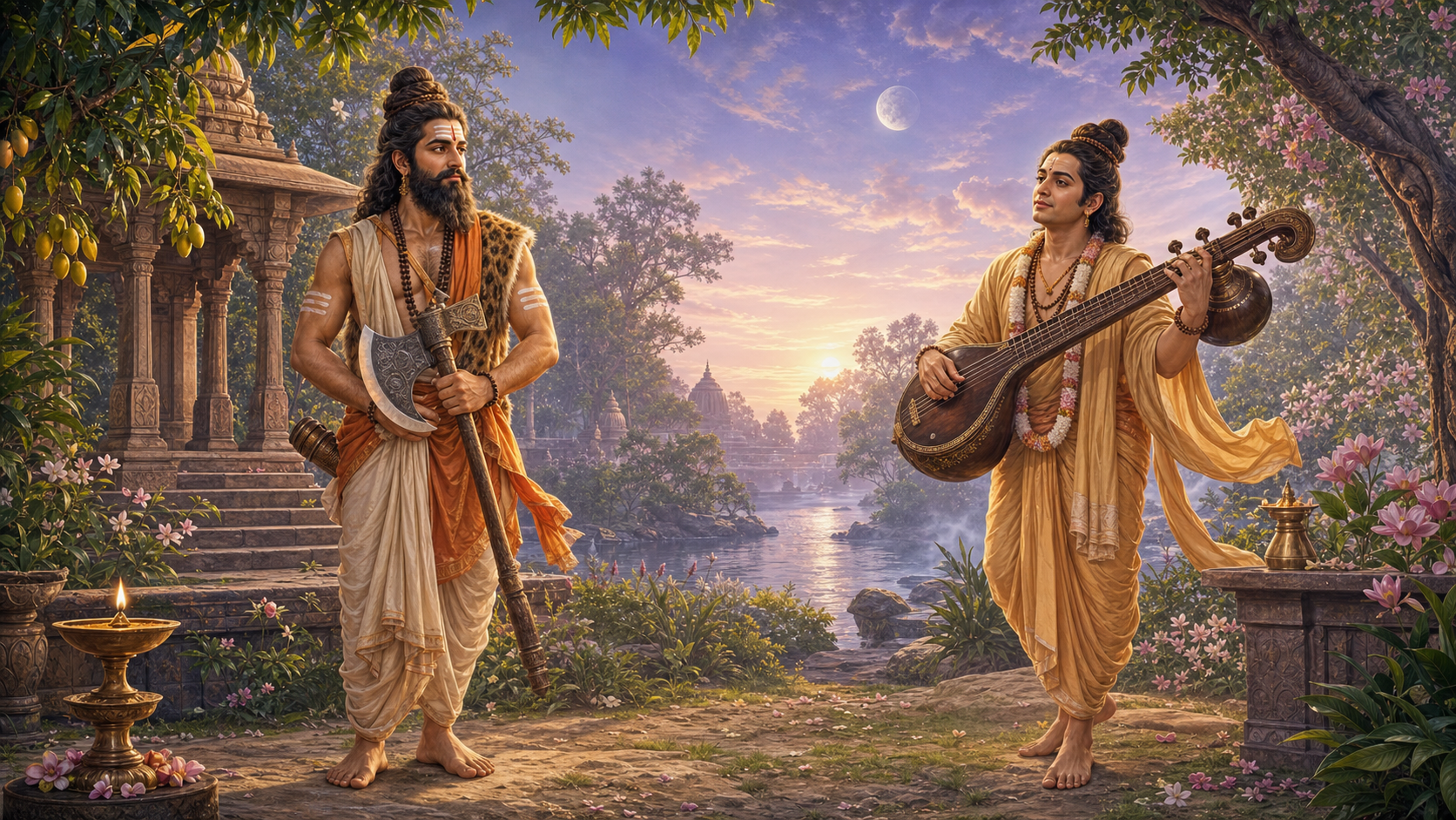 Parashurama holding an axe at rest and Narada Muni holding a veena in a lamp-lit temple garden beneath a fading moon.