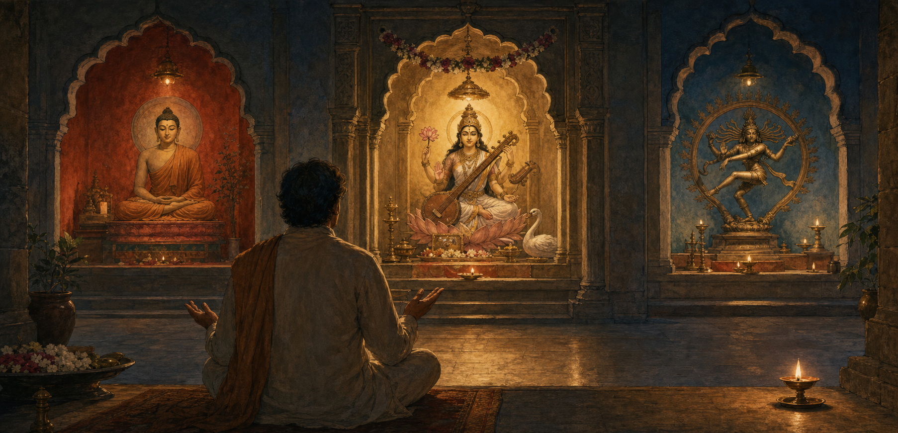 A seated viewer attentively observes sacred images in separate illuminated alcoves containing symbolic gestures, objects, and animal companions.