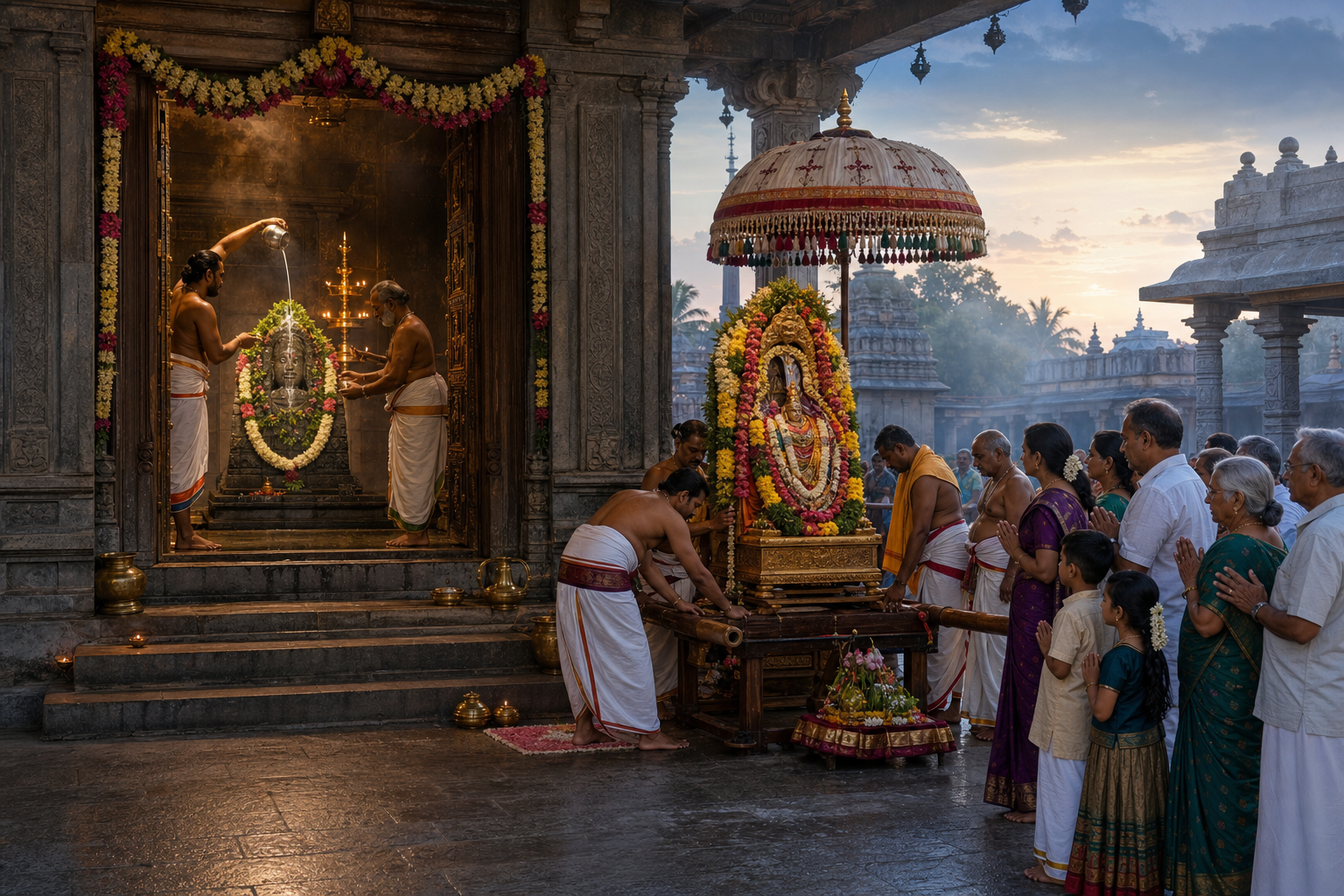 Priests perform abhisheka inside a Hindu temple while devotees wait beside a prepared processional image in the courtyard.