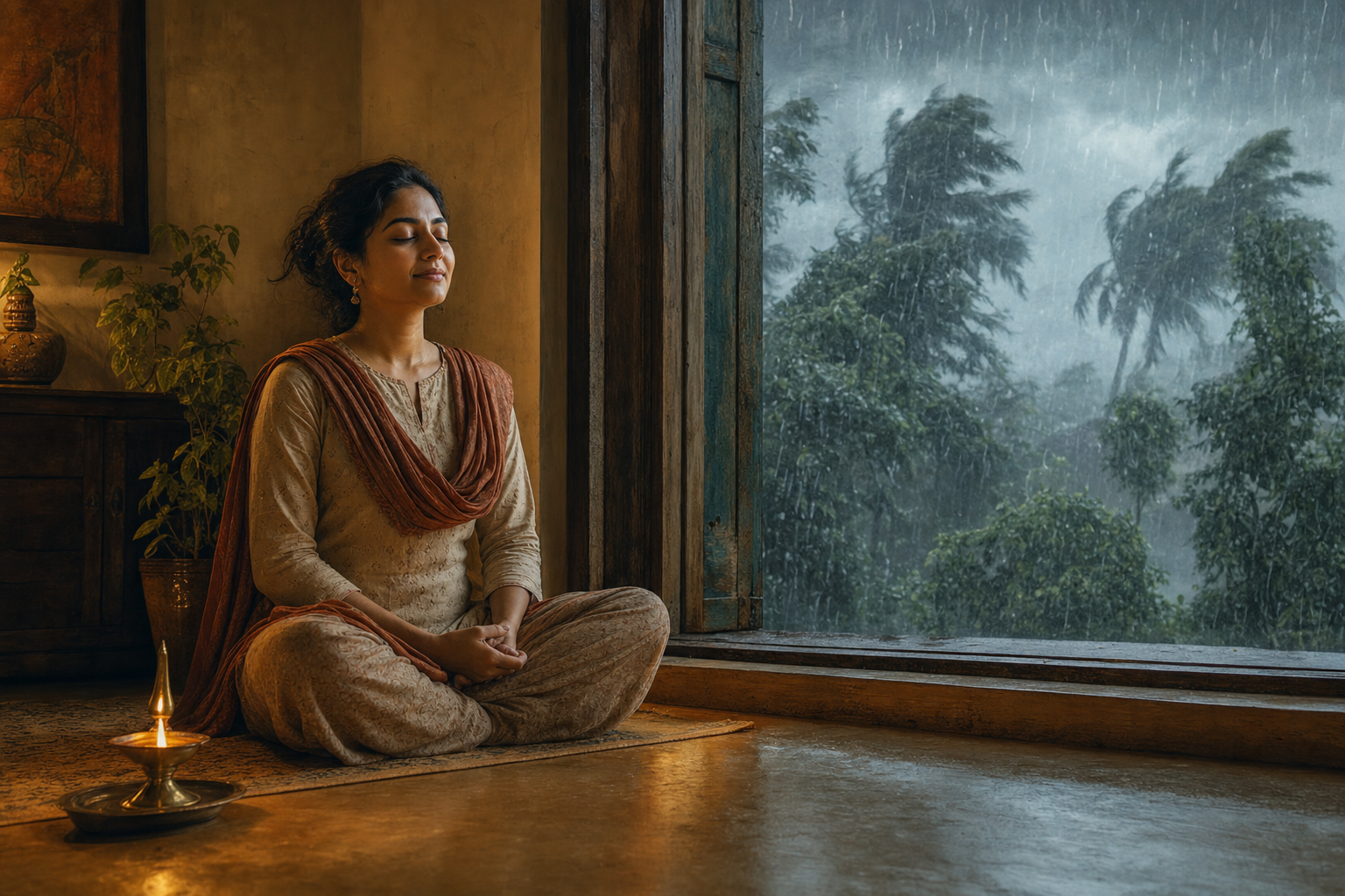 A woman meditates beside a sheltered oil lamp while rain moves through the trees outside her window.
