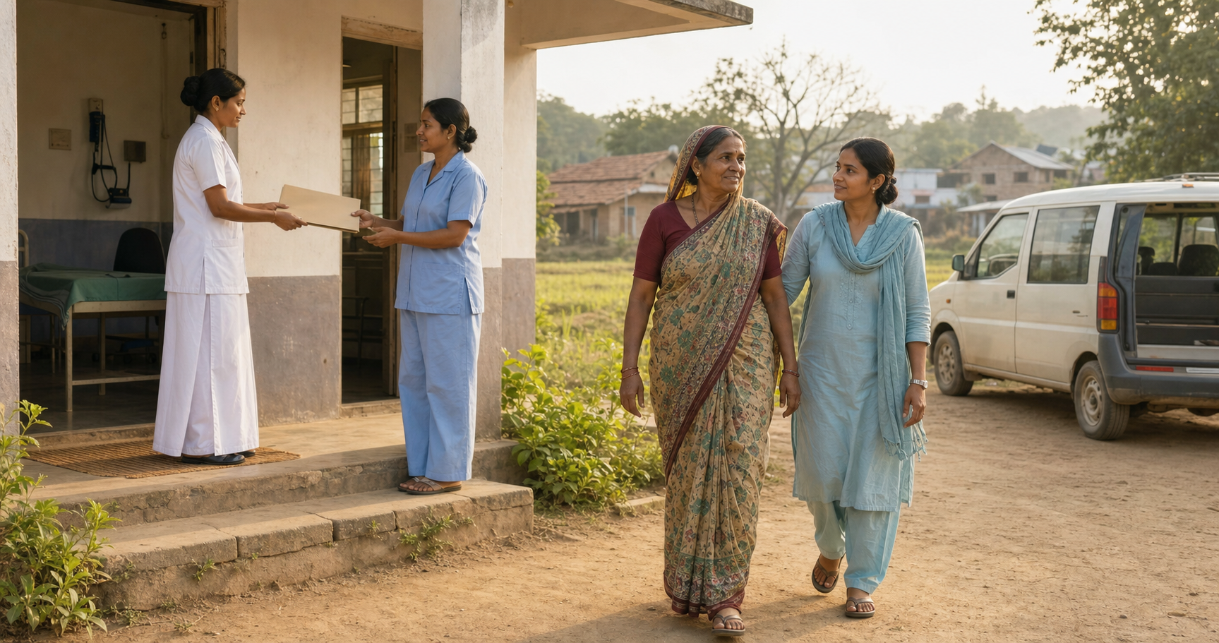 A rural patient walks with a community health worker between a village clinic and an unmarked referral vehicle while care staff coordinate her next step.