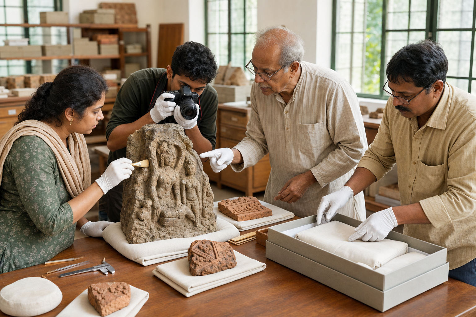 Conservators and community volunteers document, clean, and prepare protective storage for a stone sculpture and terracotta fragments in a heritage workshop.