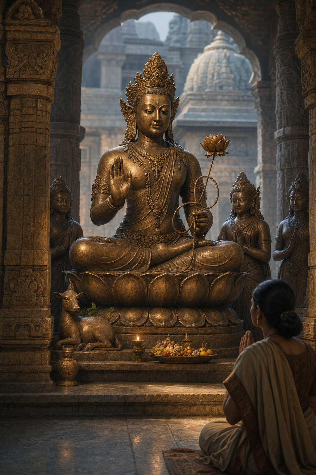 A bronze sacred figure is shown with hand gestures, symbolic objects, an animal companion, offerings, attendants, temple architecture, and an observing devotee.
