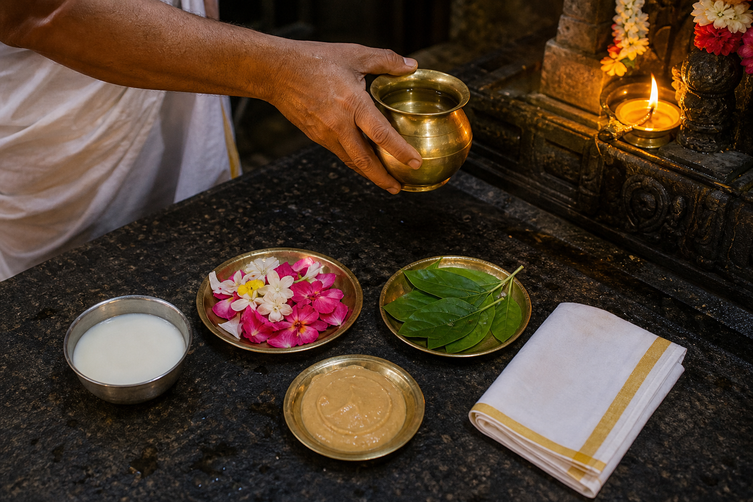 Brass vessels, water, milk, flowers, leaves, sandalwood paste, cloth, and an oil lamp are arranged for a temple offering.