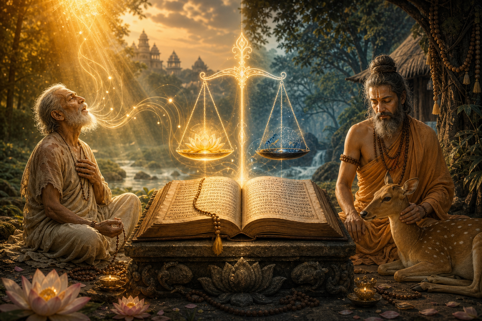 Symbolic Srimad Bhagavatham scene with scripture, mercy, karma, sages, and a deer