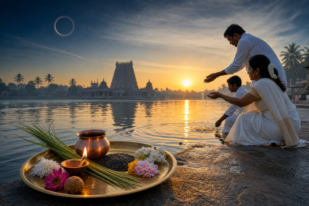 Tamil Hindu family performing Aadi Amavasai water offerings at sunrise beside a temple tank with ritual plate and oil lamp