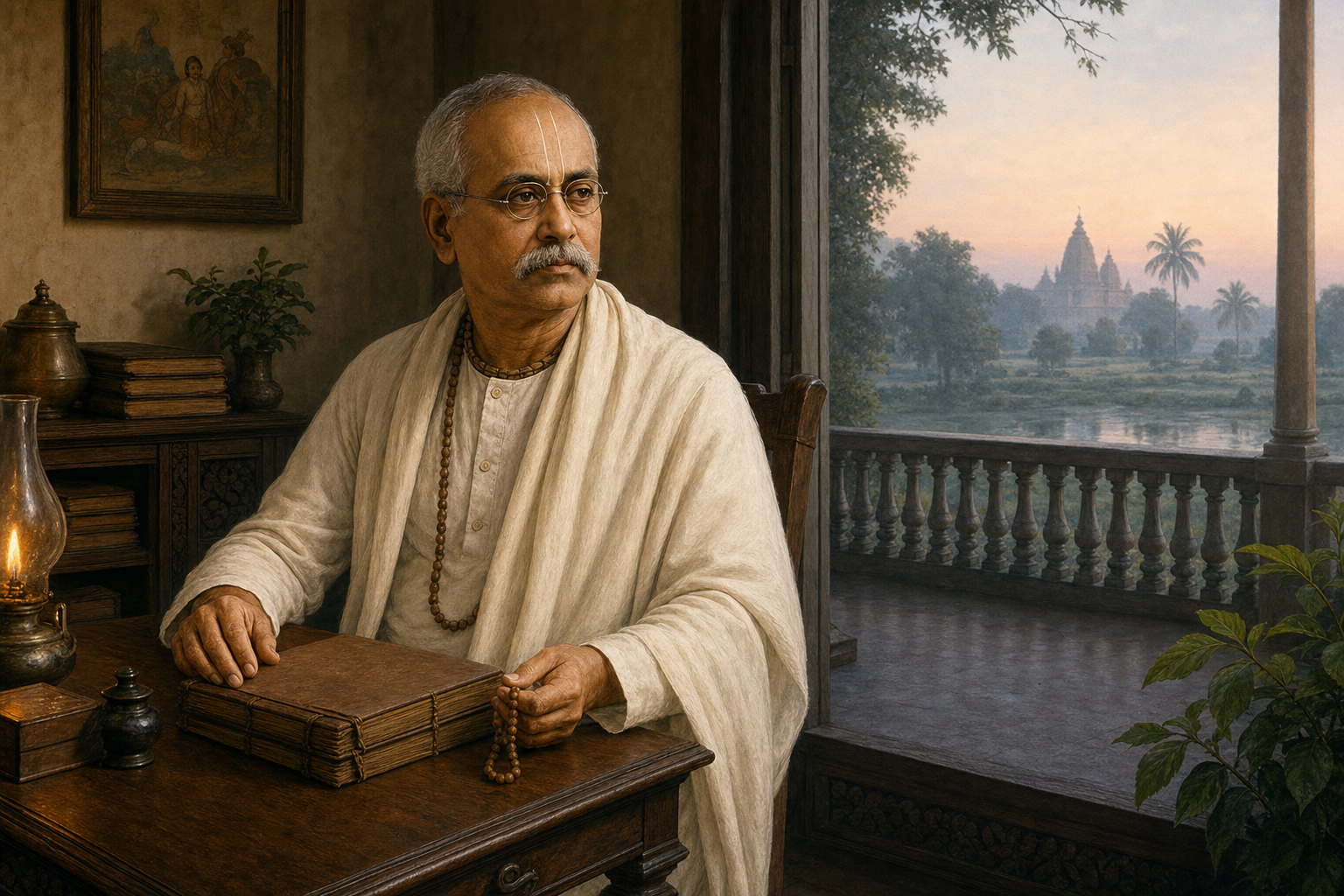 An elderly Bengali Vaishnava scholar sits with prayer beads beside manuscript folios at a wooden desk overlooking the misty countryside at dawn.