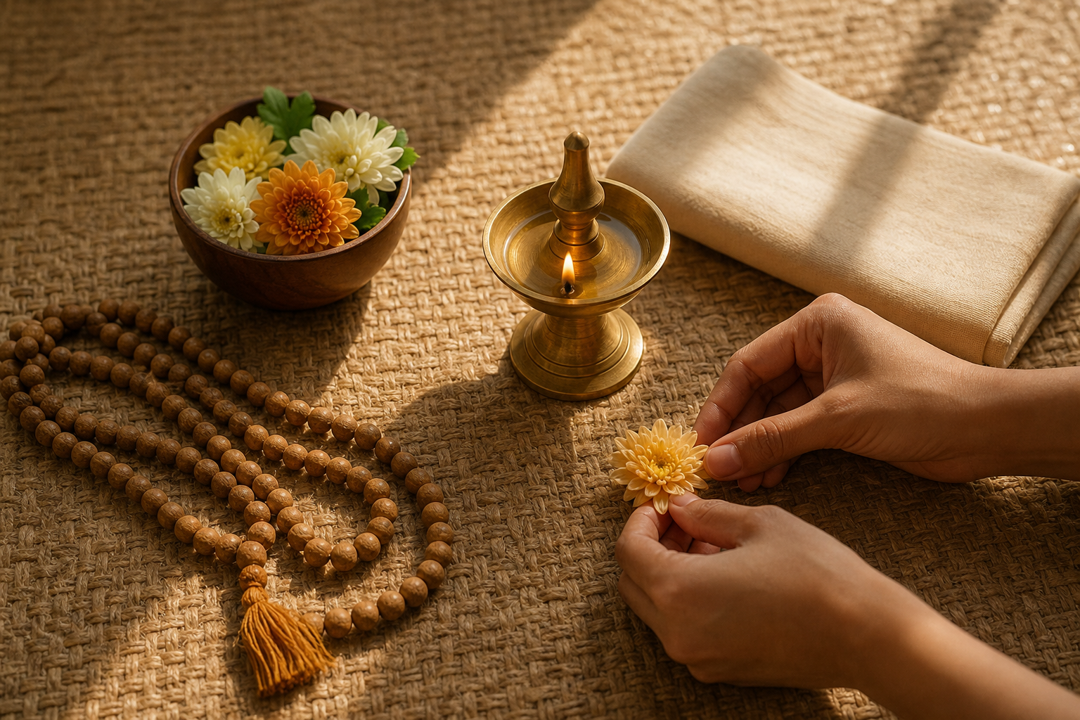 Two hands place a flower beside prayer beads and a small oil lamp arranged on a woven mat.