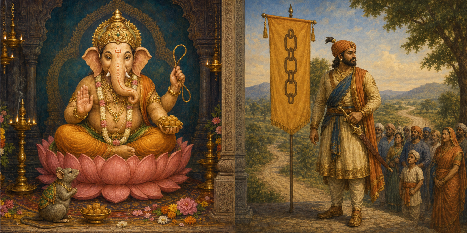 A diptych shows Ganesha with a looped noose and mouse in one scene and a composed historical warrior beside a chain-motif banner in another.
