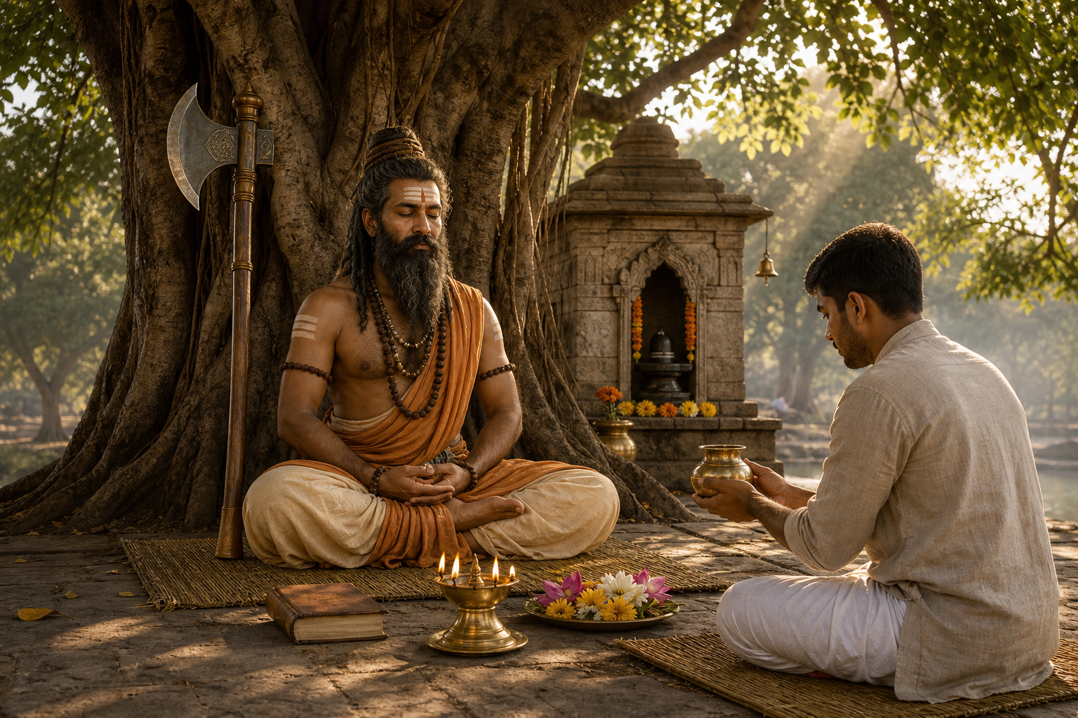 Parashurama meditates beneath a banyan tree with his axe resting beside him as a devotee offers flowers and prepares for prayer.