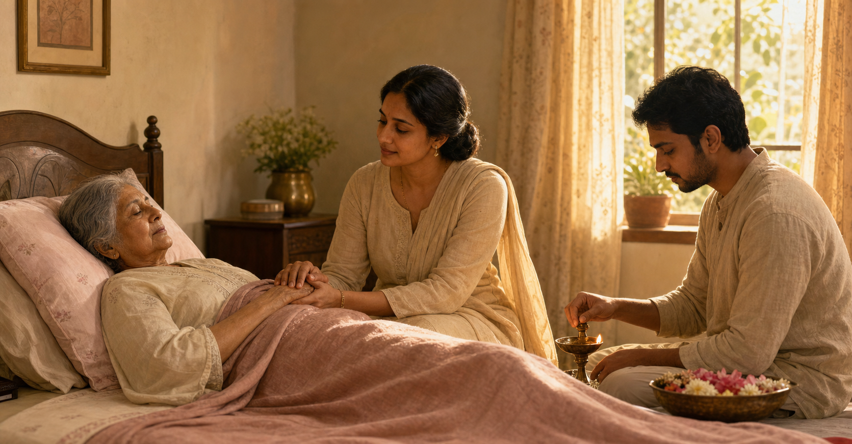 An elderly person rests in bed while two loved ones sit quietly nearby, one holding their hand beside a shaded lamp and flowers.