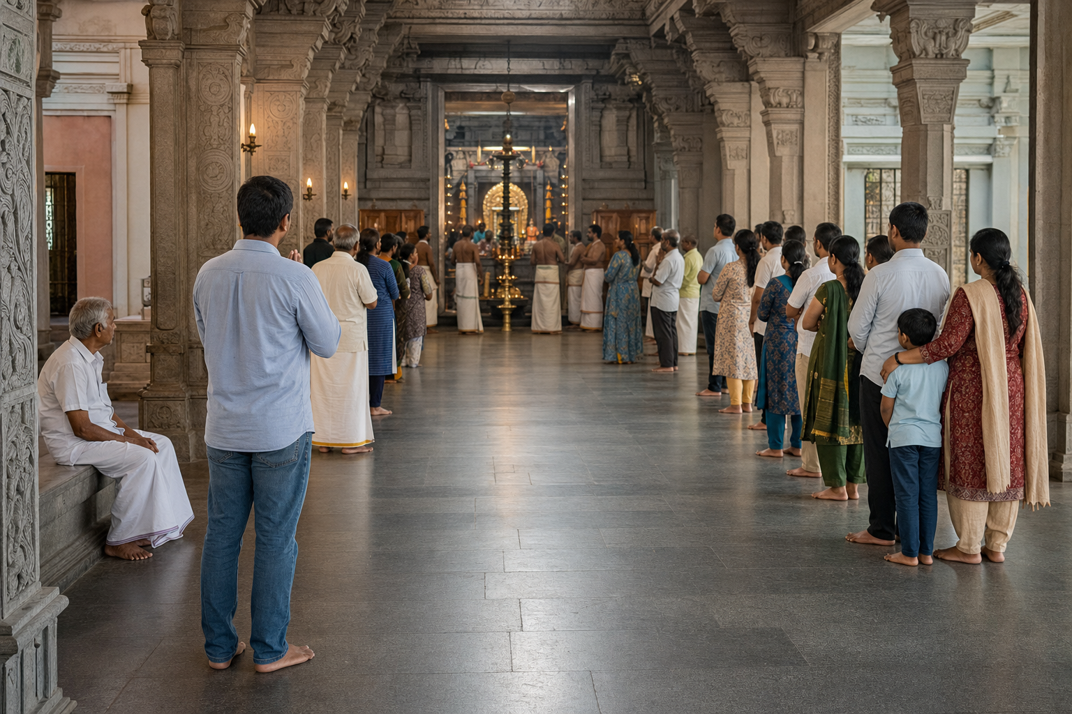 Devotees stand along the sides of a temple hall, leaving the central aisle open for priests and attendants during a public ritual.