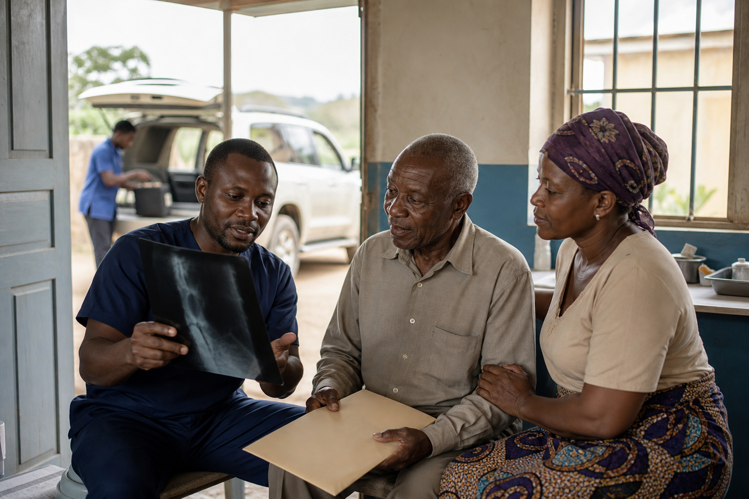 A clinician explains follow-up care to an older rural patient and caregiver while a community health worker prepares transportation outside.