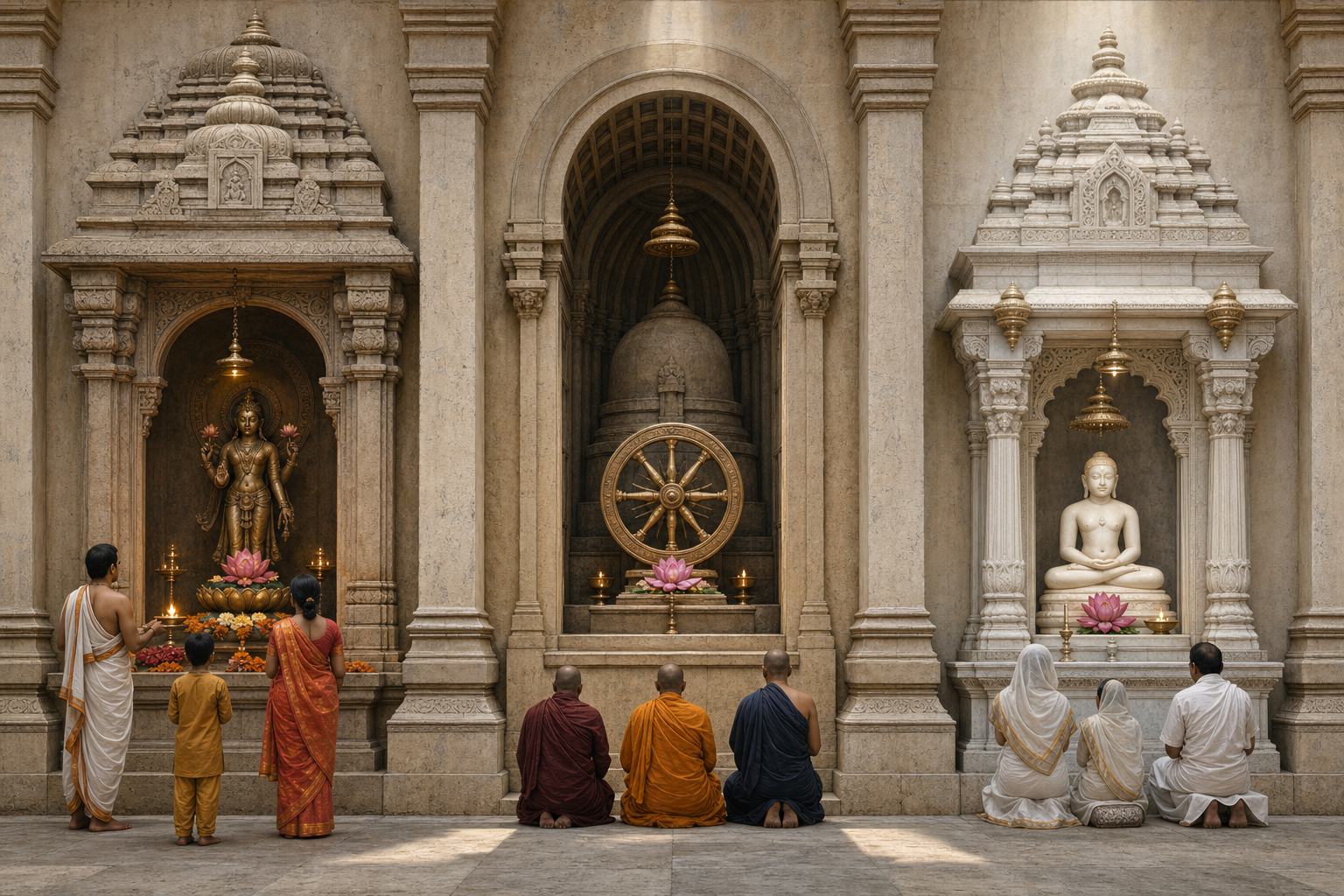 Three separate shrine niches repeat lotus, wheel, and flame motifs while differing in architecture, ritual objects, gestures, and forms of devotion.