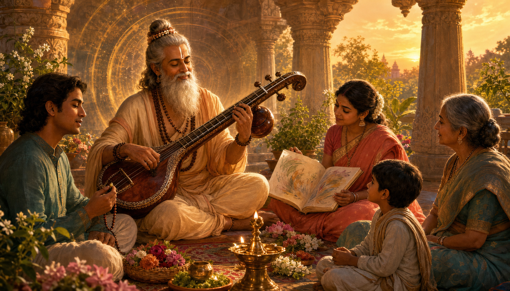 Narada Muni plays a veena in a temple pavilion while a family listens, prays with beads, and studies beside flowers and a brass lamp.
