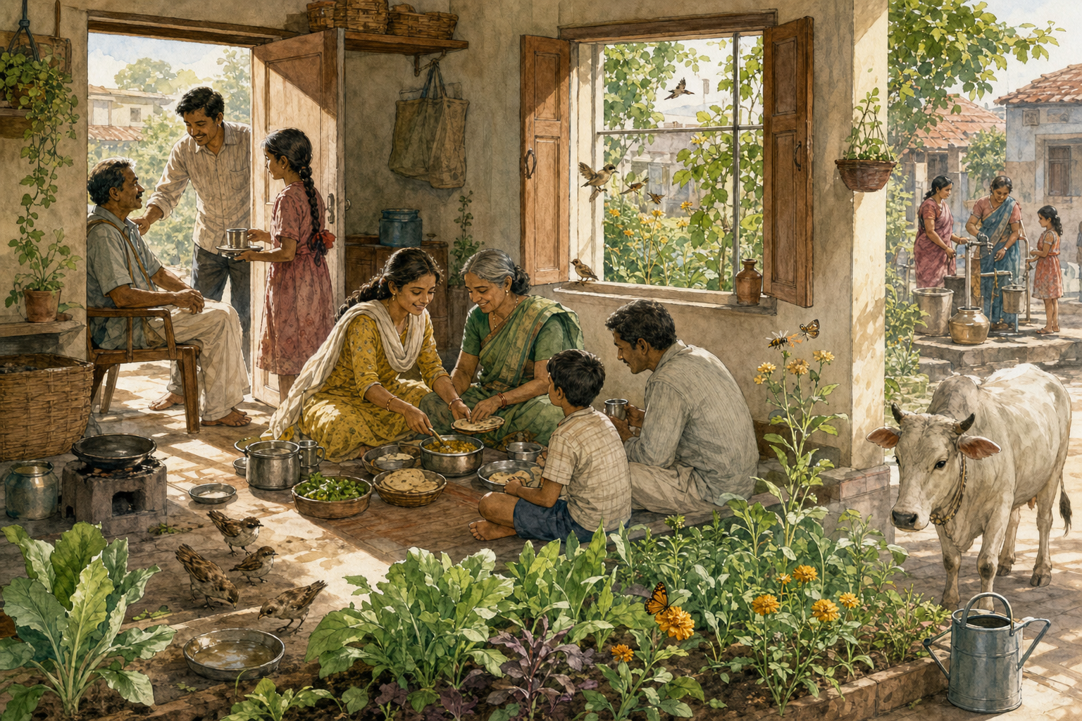 A cutaway view of a home links meal preparation and hospitality with a garden, birds, insects, a cow, and a shared water point outside.