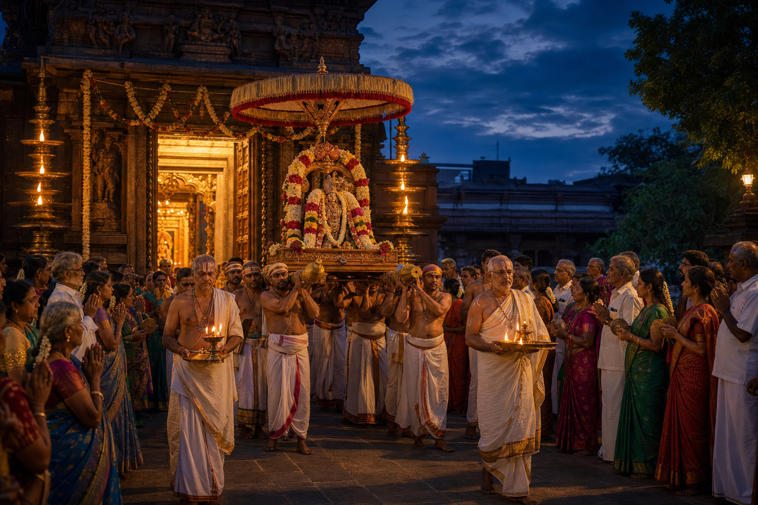 Temple attendants carry a flower-adorned processional deity beneath a canopy as devotees gather on both sides of the courtyard at twilight.