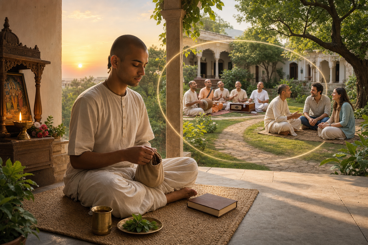 A devotee chants on japa beads near a simple home altar while a small community kirtan and welcoming conversation take place beyond the veranda.