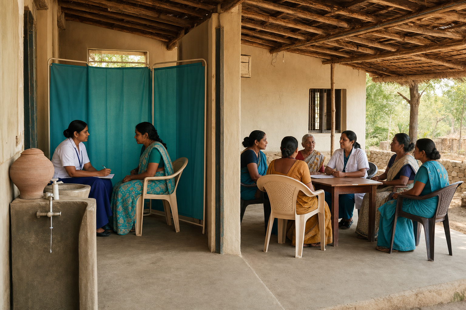 A nurse holds a private consultation behind a screen while local residents and healthcare staff meet together in an adjoining rural clinic room.