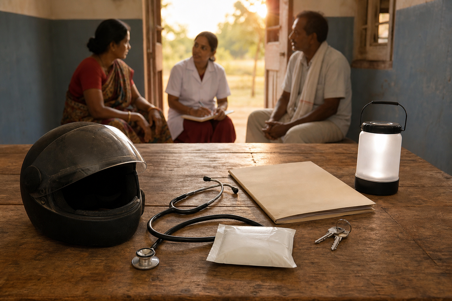Clinic equipment, a referral folder, transport gear, keys, and a solar lantern sit together as healthcare staff and a community member confer in the background.