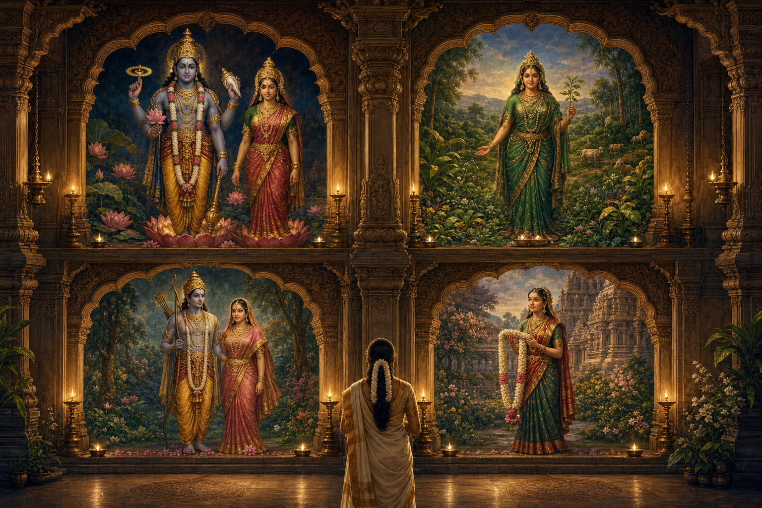 A devotee faces four separate temple alcoves depicting Lakshmi with Narayana, Bhumi Devi with the living earth, Sita with Rama, and Andal holding a flower garland.