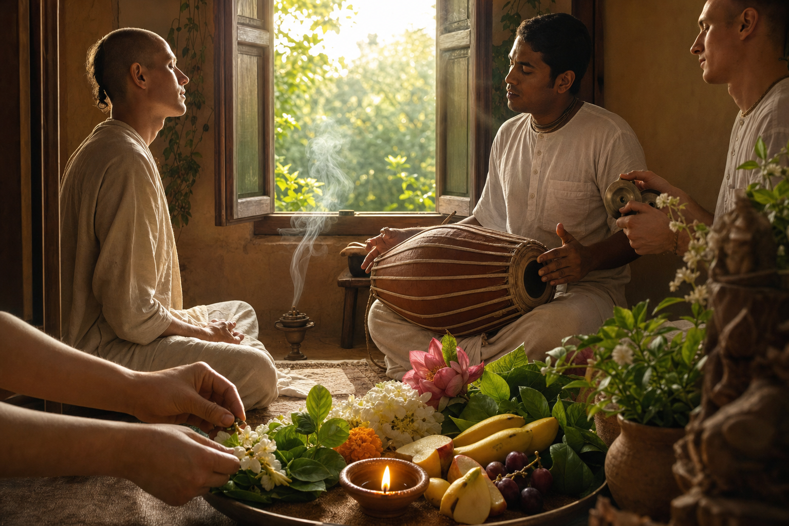 Devotees listen to kirtan while flowers, tulasi leaves, fruit, and a lamp are arranged as an offering in the morning light.