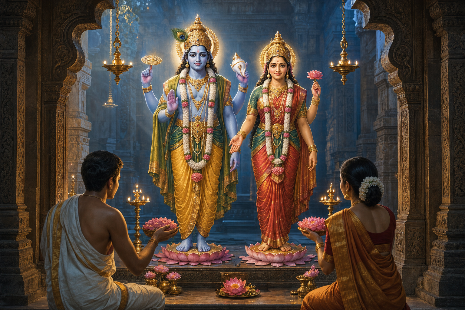 Sri Lakshmi and Narayana share an equally illuminated temple sanctum as two devotees offer flowers before them.