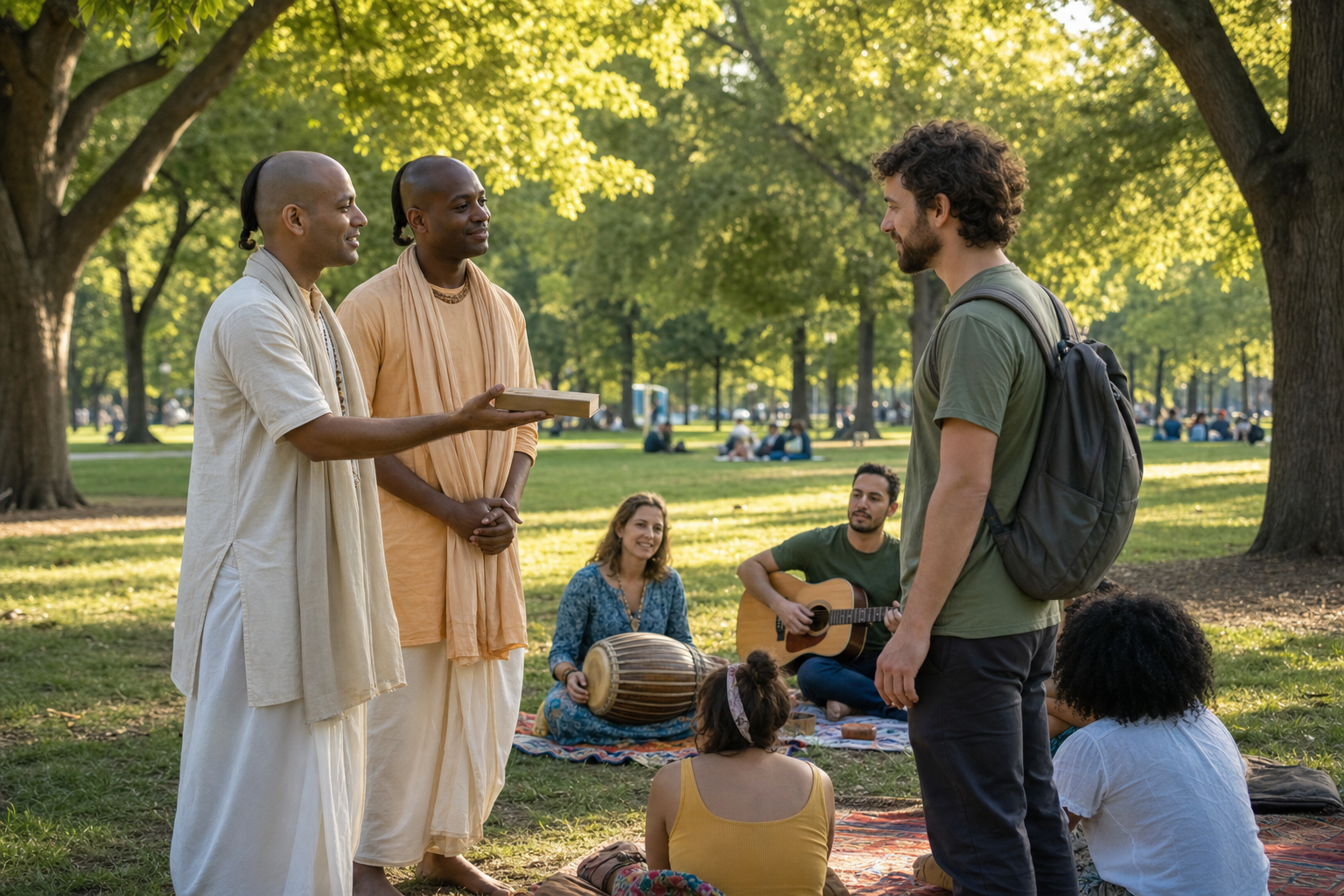 Two devotees have a relaxed conversation with a park visitor as one offers an unbranded book beside a small kirtan gathering.