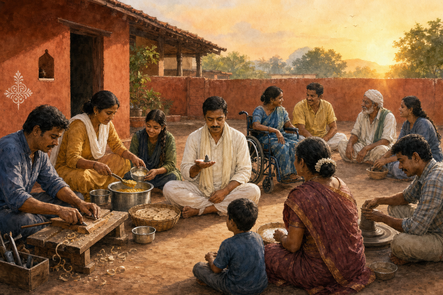 People in a Karnataka courtyard work at a craft bench, distribute food, hold a personal ishtalinga, and gather together at the same level.