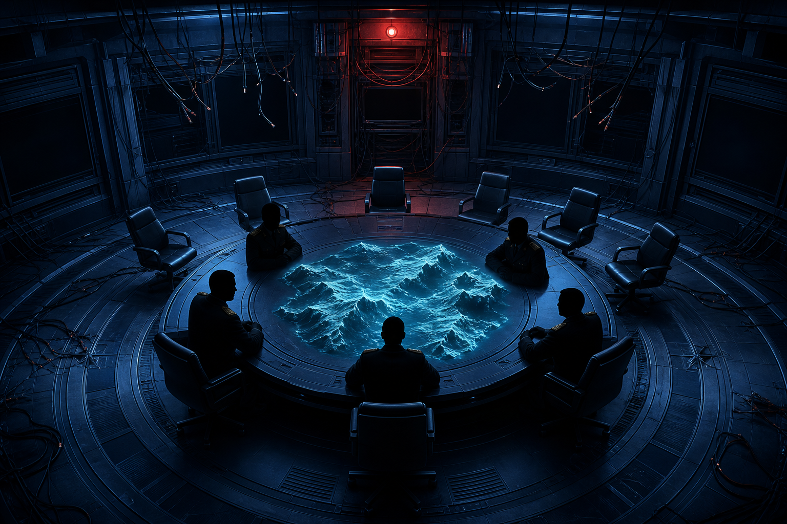 Anonymous officers sit around a circular command table with several empty chairs and disconnected consoles in a dark operations room.
