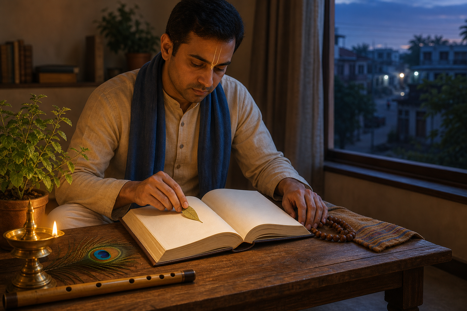 A person studies an open sacred book beside prayer beads, an oil lamp, a tulsi plant, a peacock feather, and a flute before sunrise.