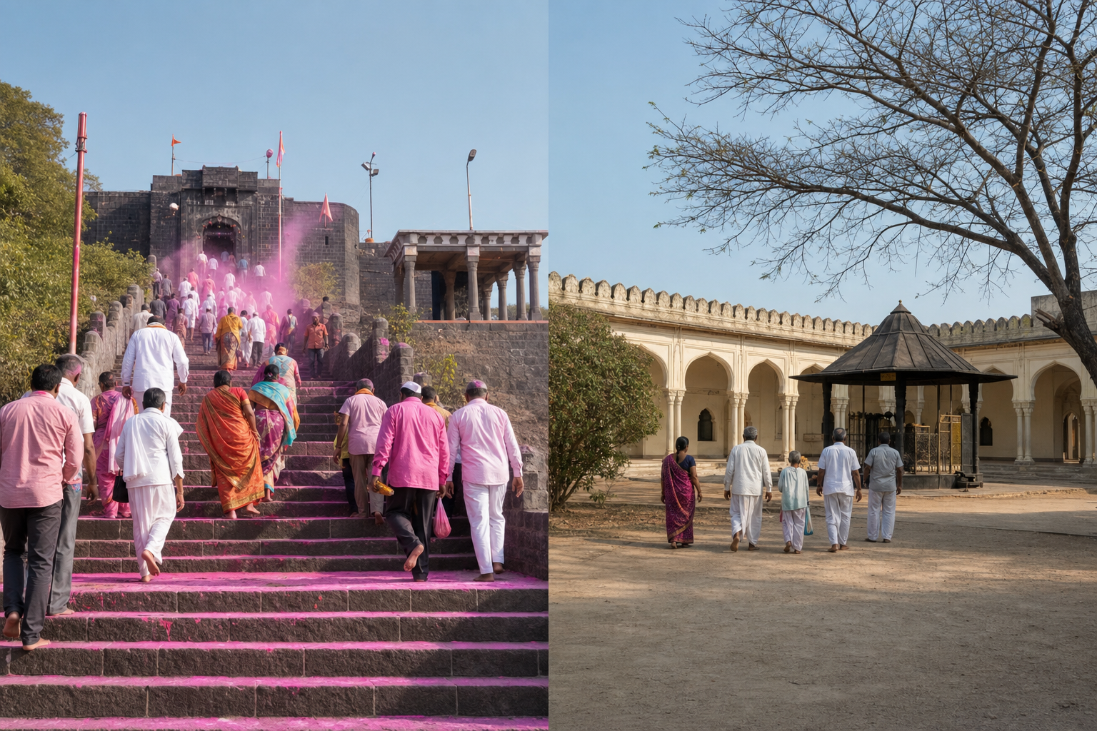 A divided view shows devotees climbing toward Jyotiba's hill temple near Kolhapur and pilgrims entering Sri Veerabrahmendra Swami Matham in Andhra Pradesh.
