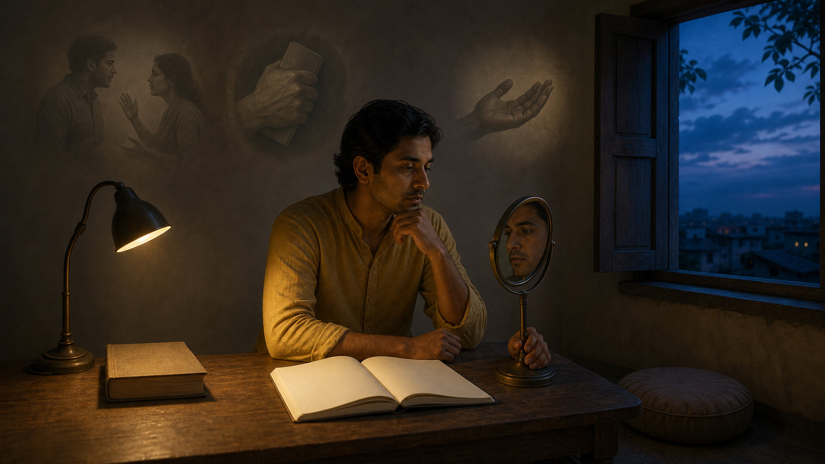 An Indian practitioner sits at a desk at dusk with a mirror, an unmarked journal, a clothbound book, and faint impressions of difficult moments from the day.