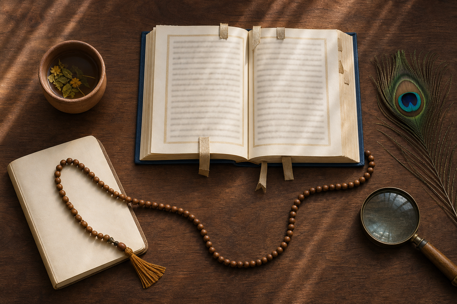 An open sacred book with bookmarks lies beside a blank notebook, prayer beads, a magnifying lens, a peacock feather, and a clay cup.