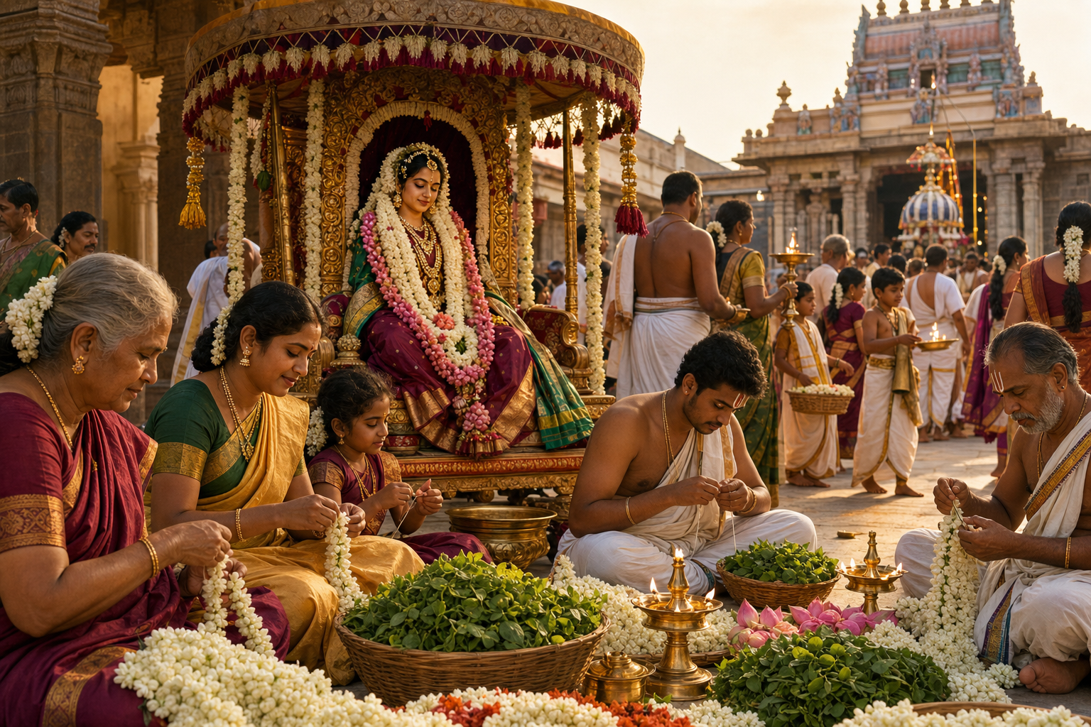 Devotees weave jasmine and tulasi garlands beside an image of Andal while families gather for a temple festival procession.
