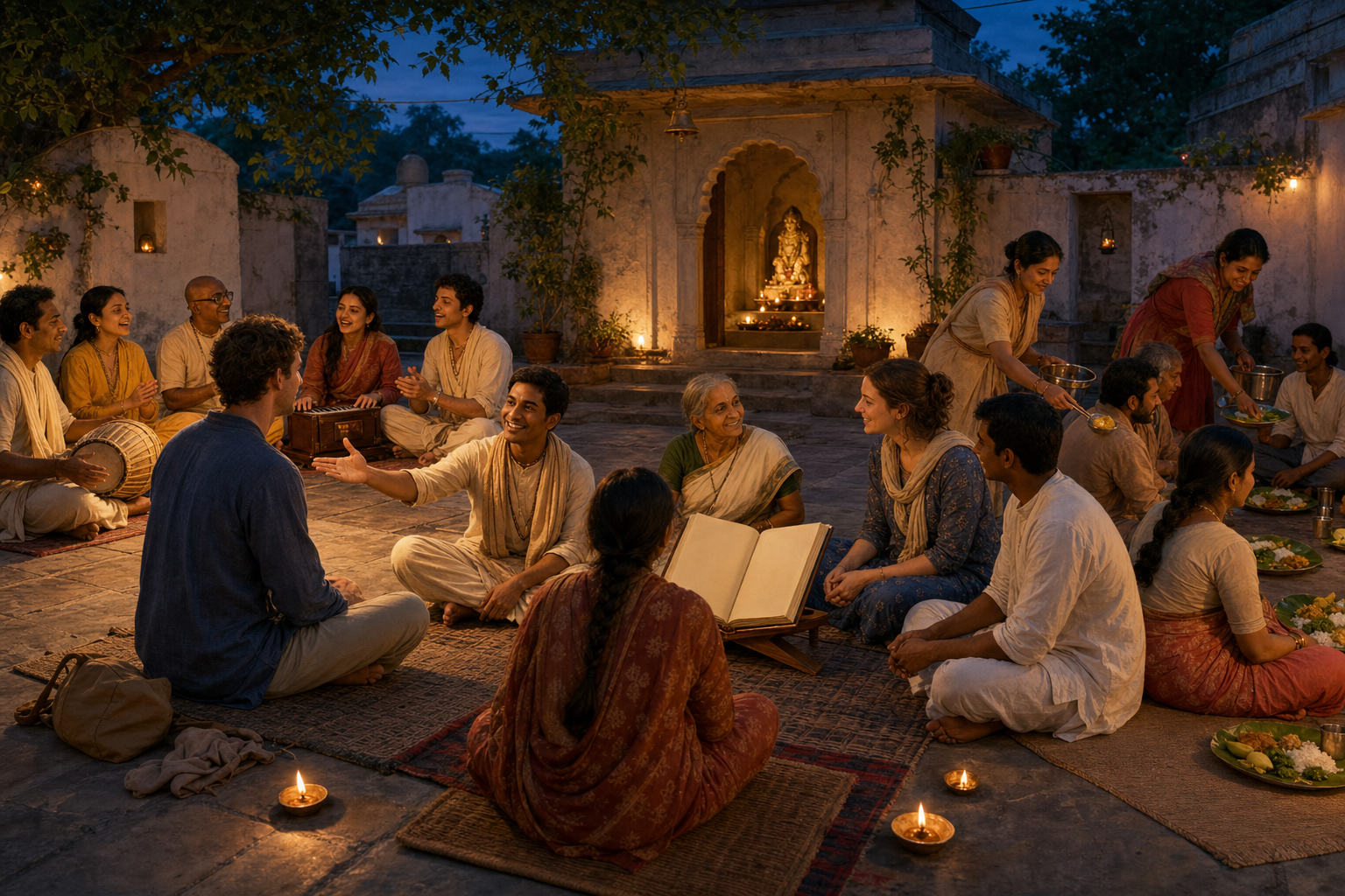 A host welcomes a new visitor into a courtyard gathering that includes kirtan, scripture discussion, and a shared vegetarian meal.