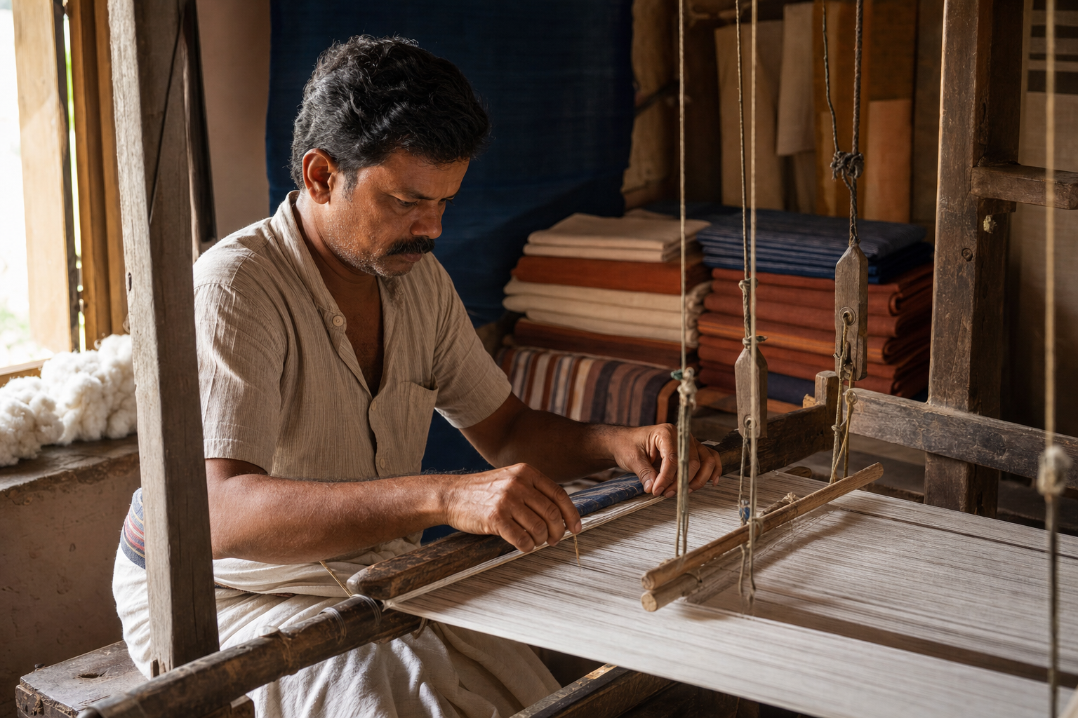 A weaver carefully aligns cotton threads on a wooden handloom in a sunlit workshop.