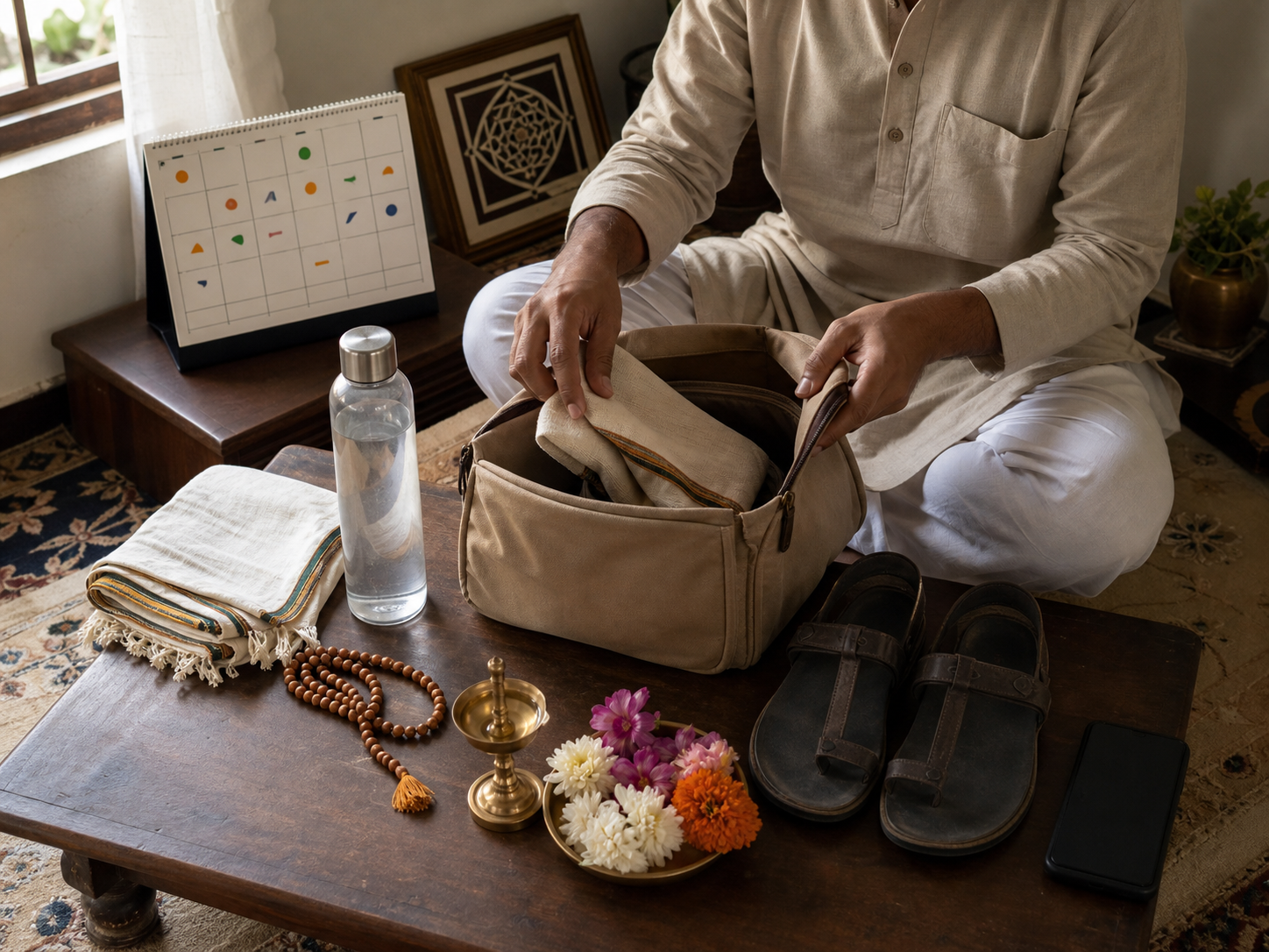 A pilgrim prepares a cloth bag, water bottle, shawl, flowers, prayer beads, and footwear beside a marked calendar at home.