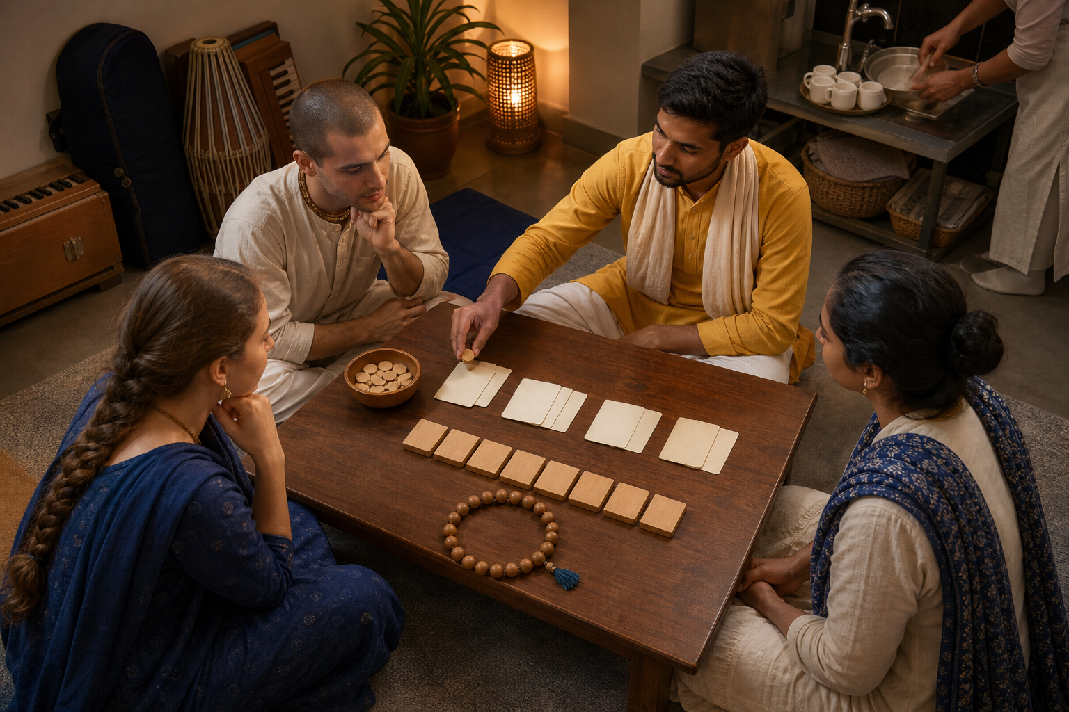 Four devotees reflect around a low table using blank cards and simple tokens while kirtan instruments are stored in the background.