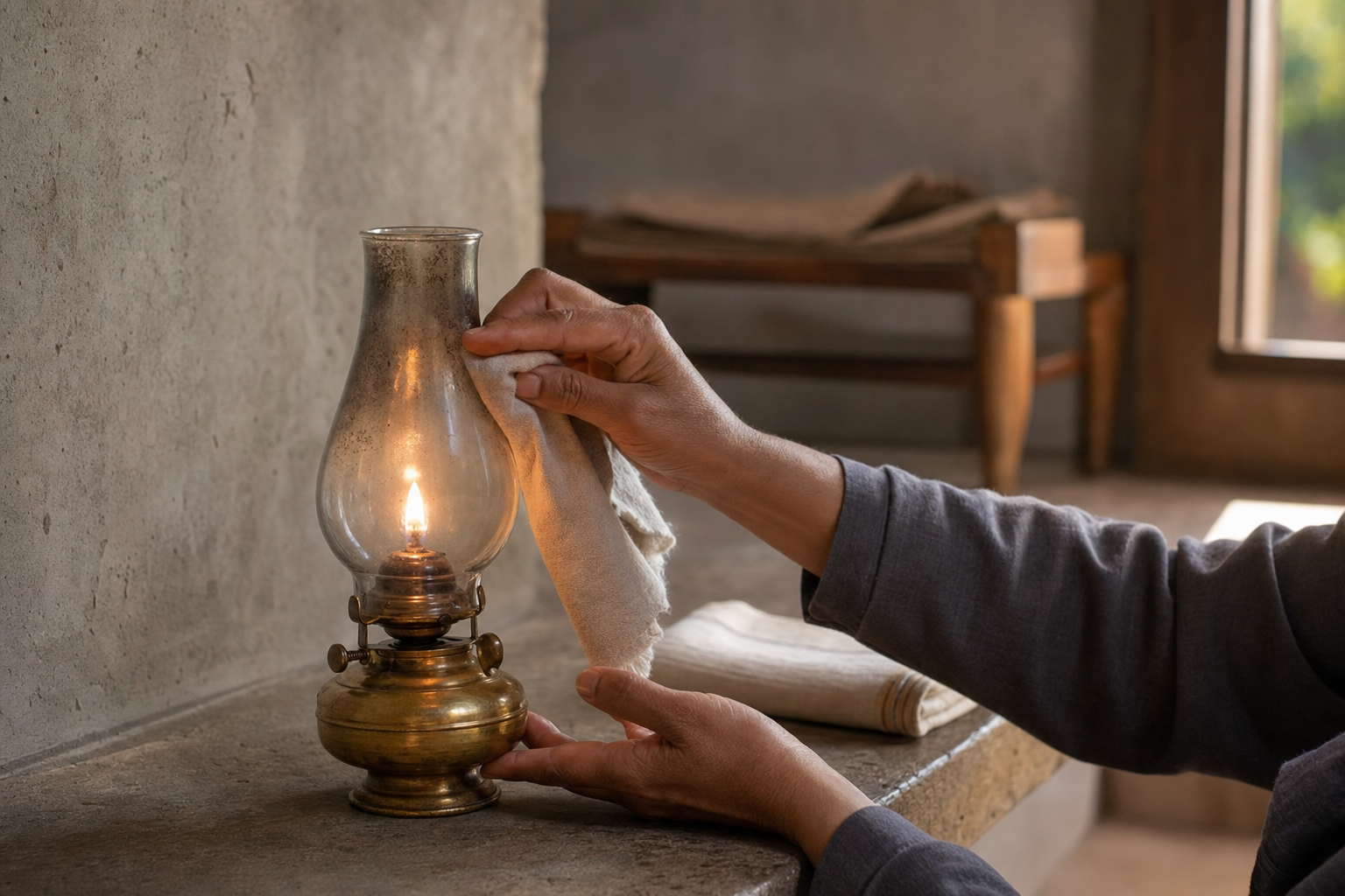 Two hands clean soot from the glass chimney of a lit brass oil lamp on a stone ledge.