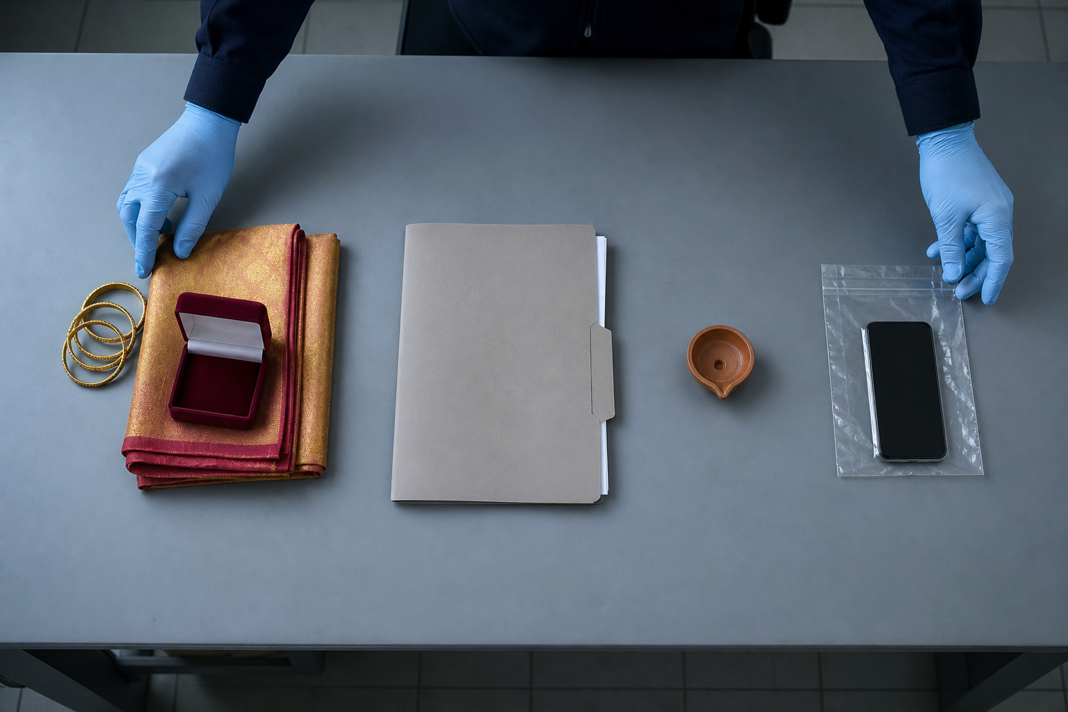 Gloved investigators sort wedding items, a medical folder, a plain lamp, and a sealed phone into four evidence groups.