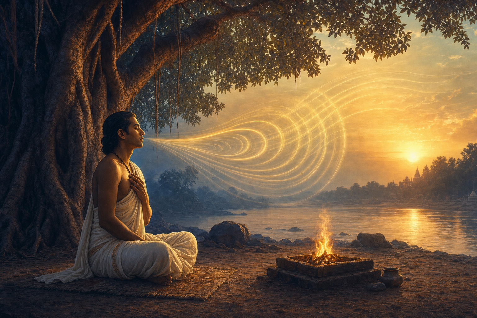 A seated chanter beneath a banyan tree at dawn, with luminous curved bands suggesting the movement of sacred sound.