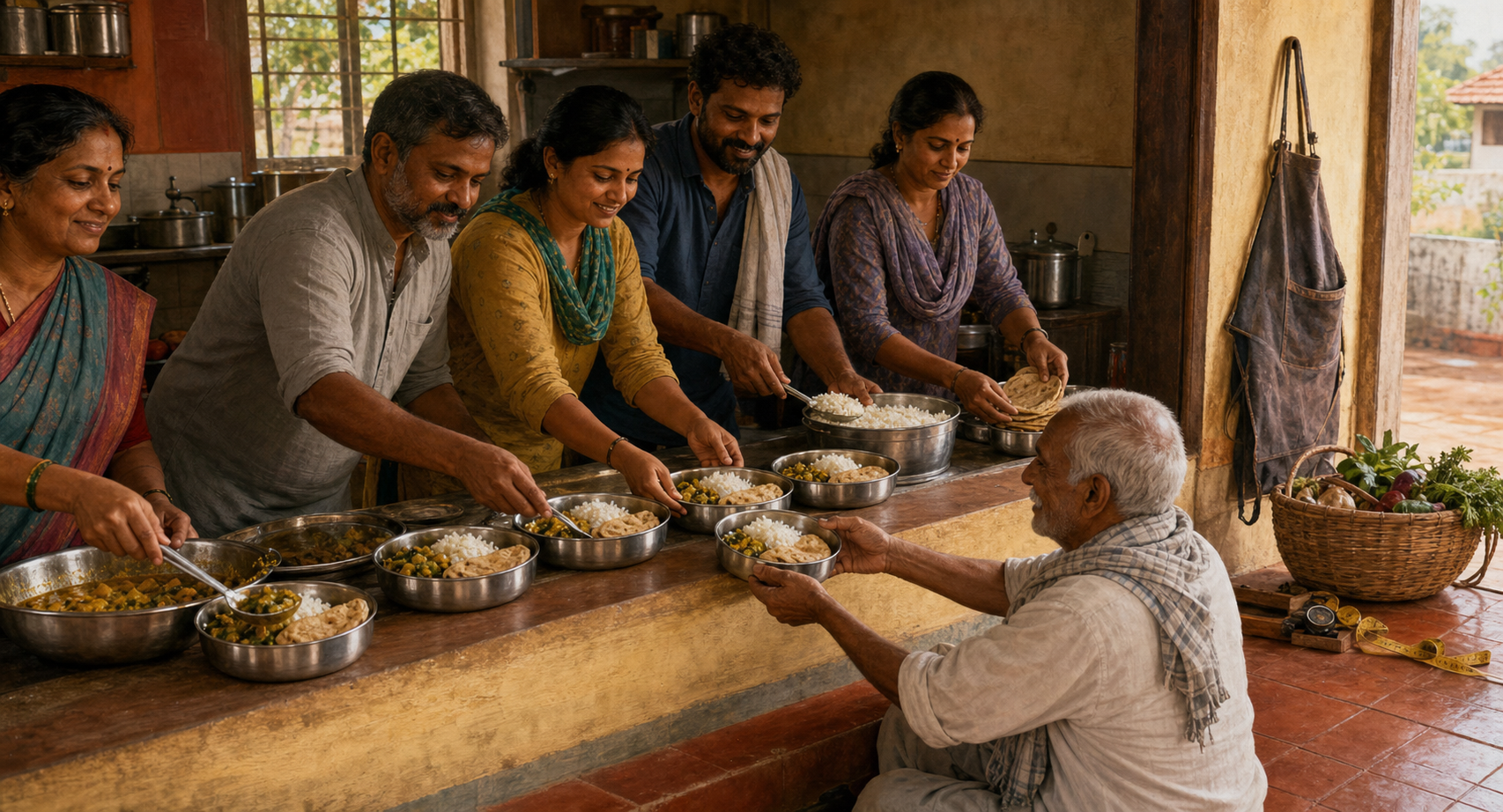 Adults in a community kitchen divide a meal into equal metal bowls and pass one bowl to an elderly guest.